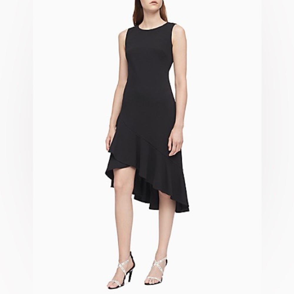 Calvin Klein Asymmetric Ruffle Hem Sleeveless Sheath Dress Black - Size 8